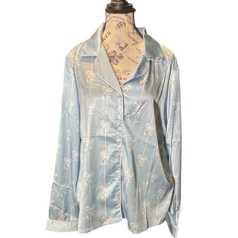 Main Strip Satin Blue Pajama Top - Large, New with Tags